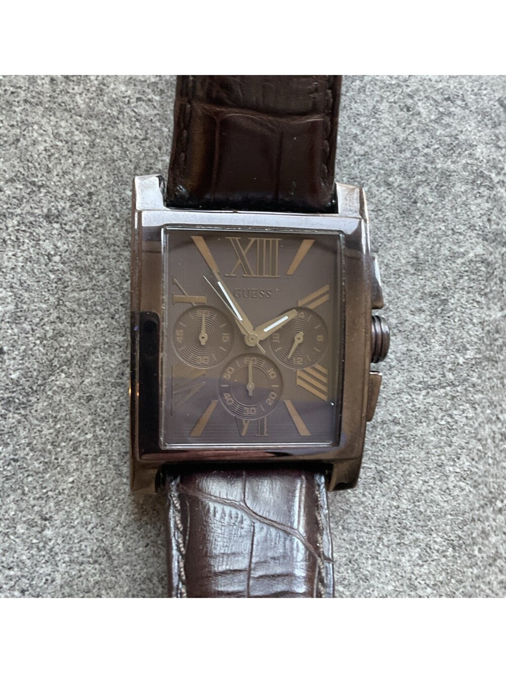 Guess Tank Style Mens Chronograph Watch 38mm Bronze Tone Case W/Leather Band BCF